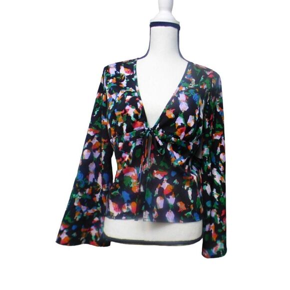 Open Edit Tie Front, Bell Sleeve Floral Top, Black-multi, Sz. M - Picture 2 of 10